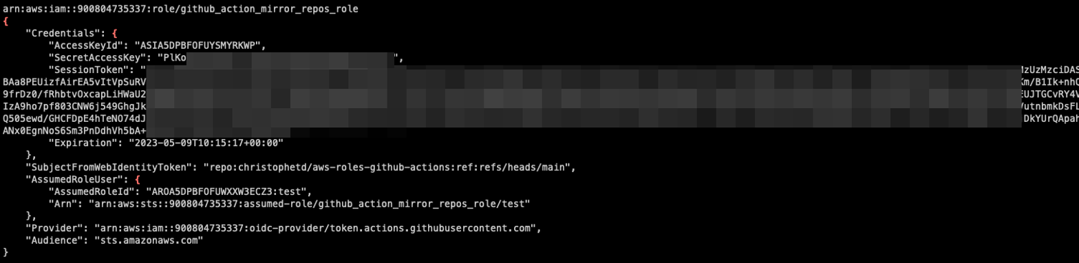 A terminal showing the JSON response of assume-role-with-web-identity: ASIA-prefixed temporary credentials, and a SubjectFromWebIdentityToken field naming an arbitrary GitHub repository.