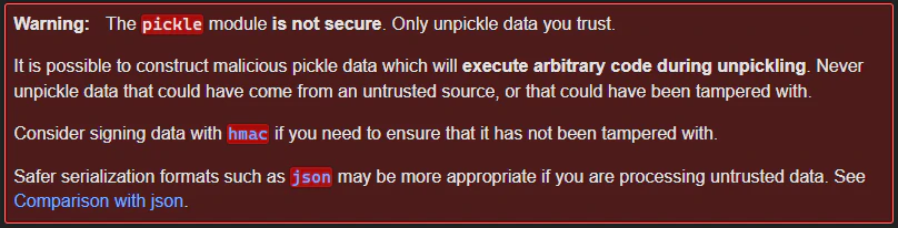 Python documentation warning that the pickle module is not secure and can execute arbitrary code during unpickling