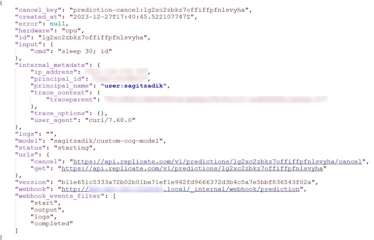 A real Redis prediction-queue item showing input, model, id, and a webhook field