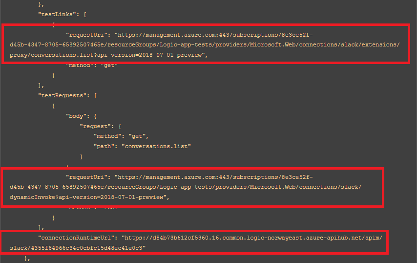 A captured API Connection definition showing the DynamicInvoke ARM endpoint and the connection runtime URL on the shared APIM host