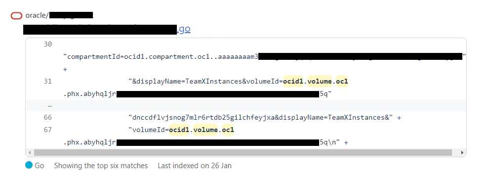 A code search result showing OCI volume OCIDs embedded in a public source file