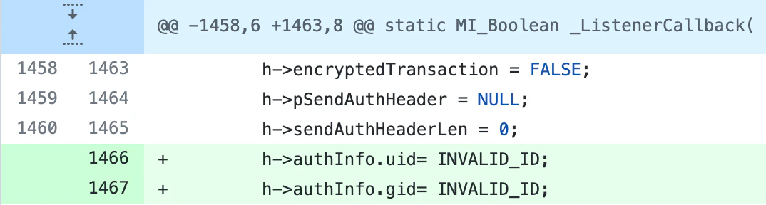 A source diff adding authInfo.uid and authInfo.gid initialisation to INVALID_ID