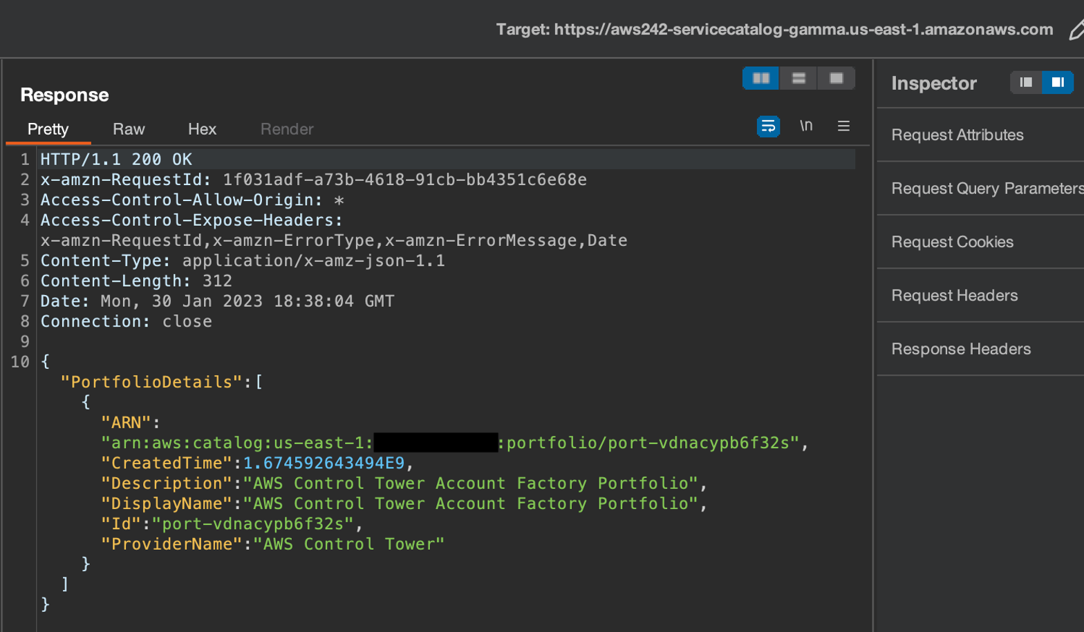 HTTP 200 response from a non-production servicecatalog endpoint returning portfolio JSON.