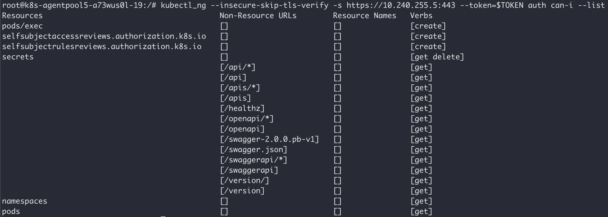 This shows the privileges of the 'bridge' token in the default namespace.