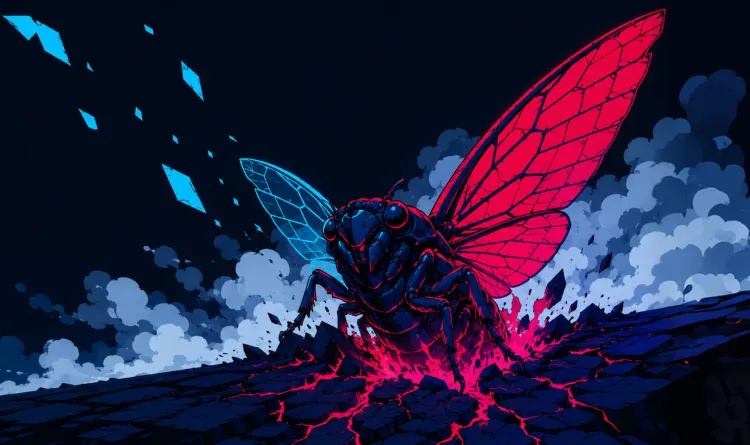 Cyber-themed illustration of a giant cicada emerging from cracked ground, symbolizing 'NGINX Rift' (CVE-2026-42945), a critical 18-year-old flaw.