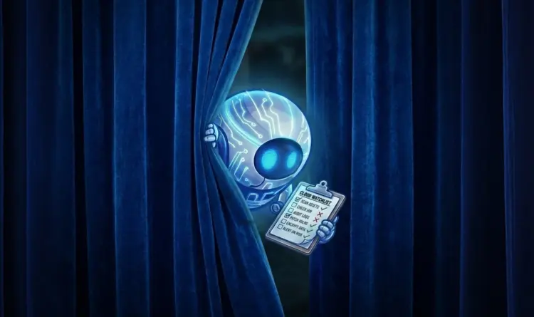 Illustration of an AI security robot peeking through blue stage curtains, holding a 'Cloud Watchlist' clipboard of automated security tasks.