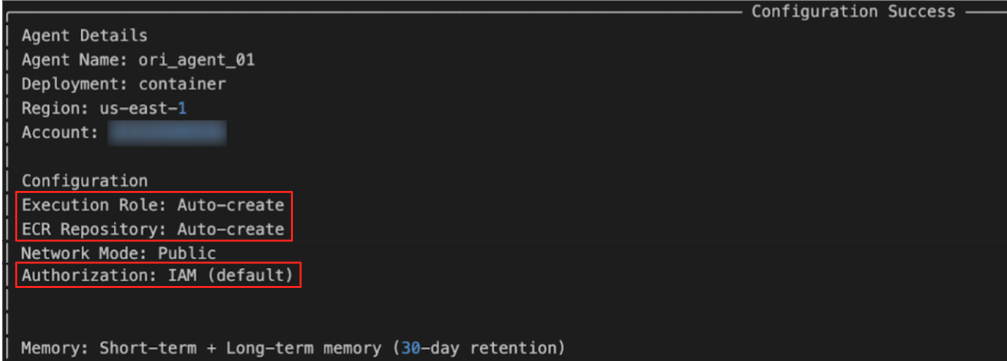 A screenshot showing configuration details of an agent deployment. The list includes a region and mentions an obscured account number. Key configuration settings are highlighted and the memory retention is set to 30 days.