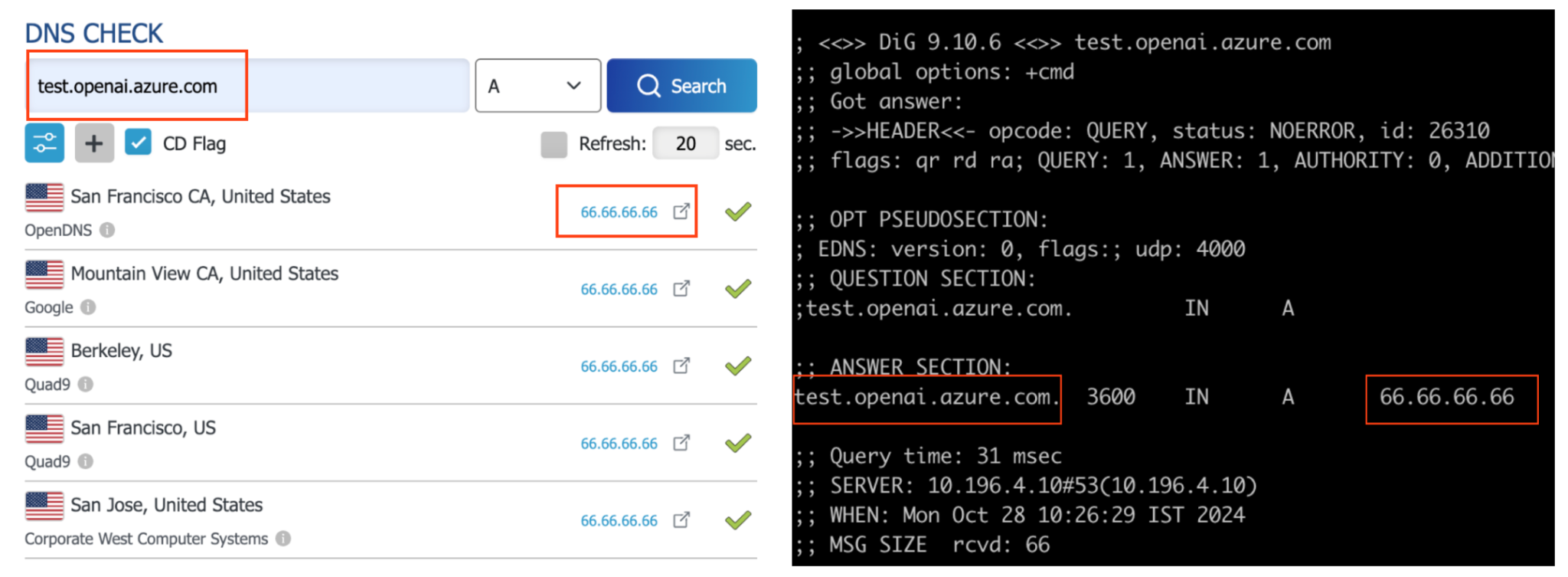 Screenshot of a DNS checker tool displaying IP addresses for the domain test.openai.azure.com, with results shown in a list format on the left and detailed DNS record information on the right. The checkers resolve to the same IP address, indicated within red boxes.