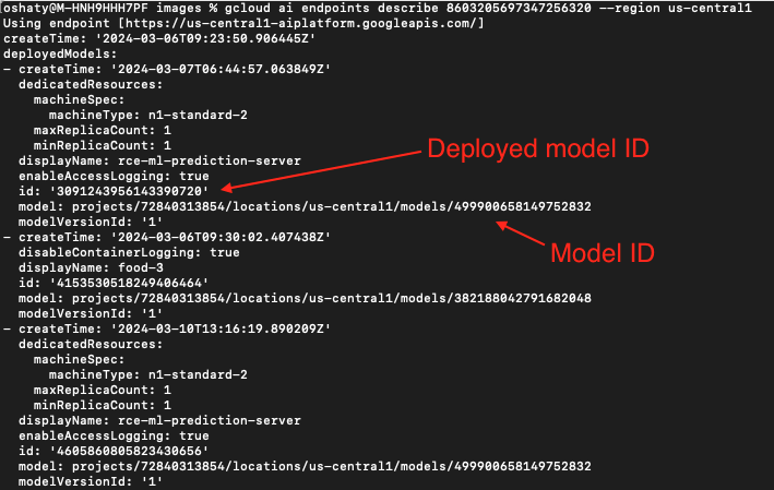 Screenshot of a computer interface displaying information about a deployed machine learning model, including various technical details like model IDs, machine types, endpoints, and deployment status. The background is black. The deployed Model ID and the Model ID are highlighted by red arrows.