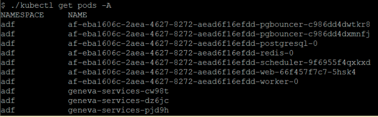 Screenshot of a computer terminal displaying the output of the Kubernetes command "kubectl get pods -A", listing several pods and their names.