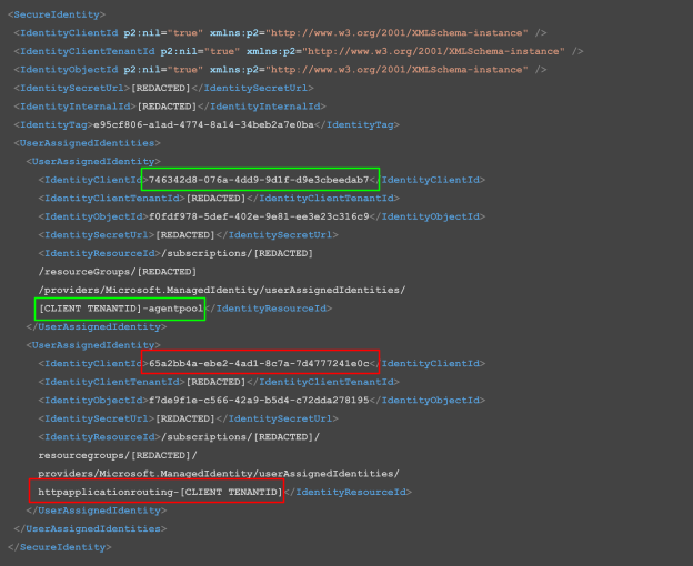Screenshot of code with highlighted sections indicating the "ClientId" and "TenantID" values. Two lines are highlighted in green and two in red.