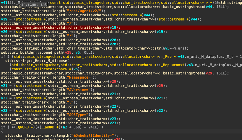A screenshot of code from a computer program displayed in color-coded text on a black background. One line in the upper section is highlighted in red.