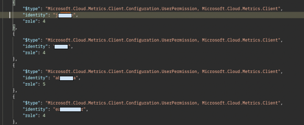 A screenshot displaying code related to Microsoft Cloud permissions configuration. The repeated line of text includes references to identity, metrics, and user permissions within the Microsoft ecosystem. Some info is redacted.