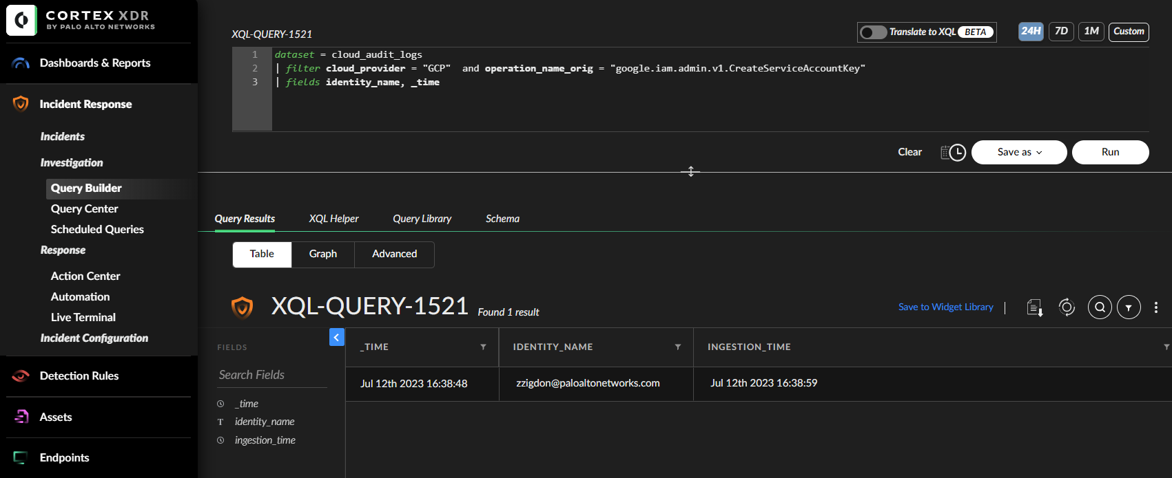 Image 3 is a screenshot of the search for service account key creation. There are three lines of code. Dataset, filter, and fields.