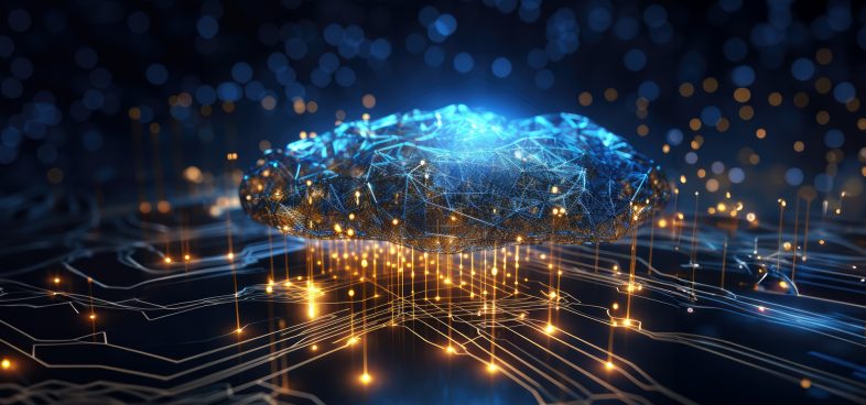 Pictorial representation of autonomous AI attack in cloud environments. Digital illustration of a glowing blue brain connected to a network of lines and lights.