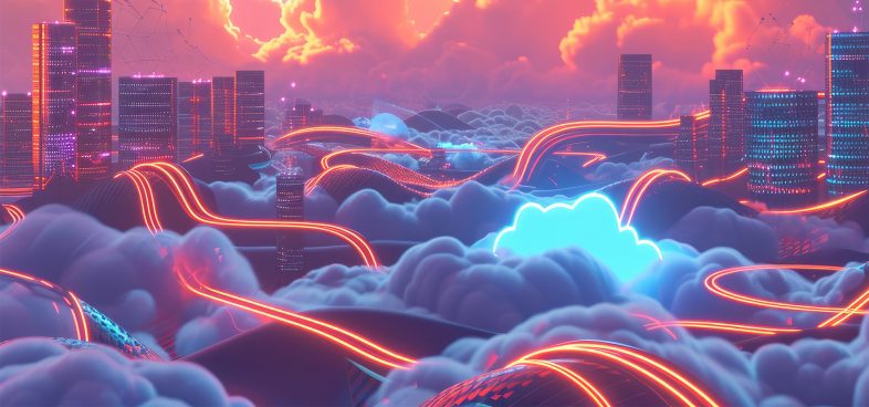 Pictorial representation of passwordless authentication. Futuristic cityscape with skyscrapers surrounded by glowing, neon-lit pathways and digital clouds. The sky is vibrant with pink and orange hues, giving a surreal, cyberpunk aesthetic.