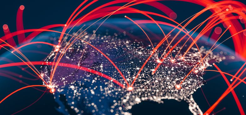 Pictorial representation of CVE-2025-0921. Digital illustration of a map of North America with interconnected glowing lines and dots symbolizing network connections across the continent.