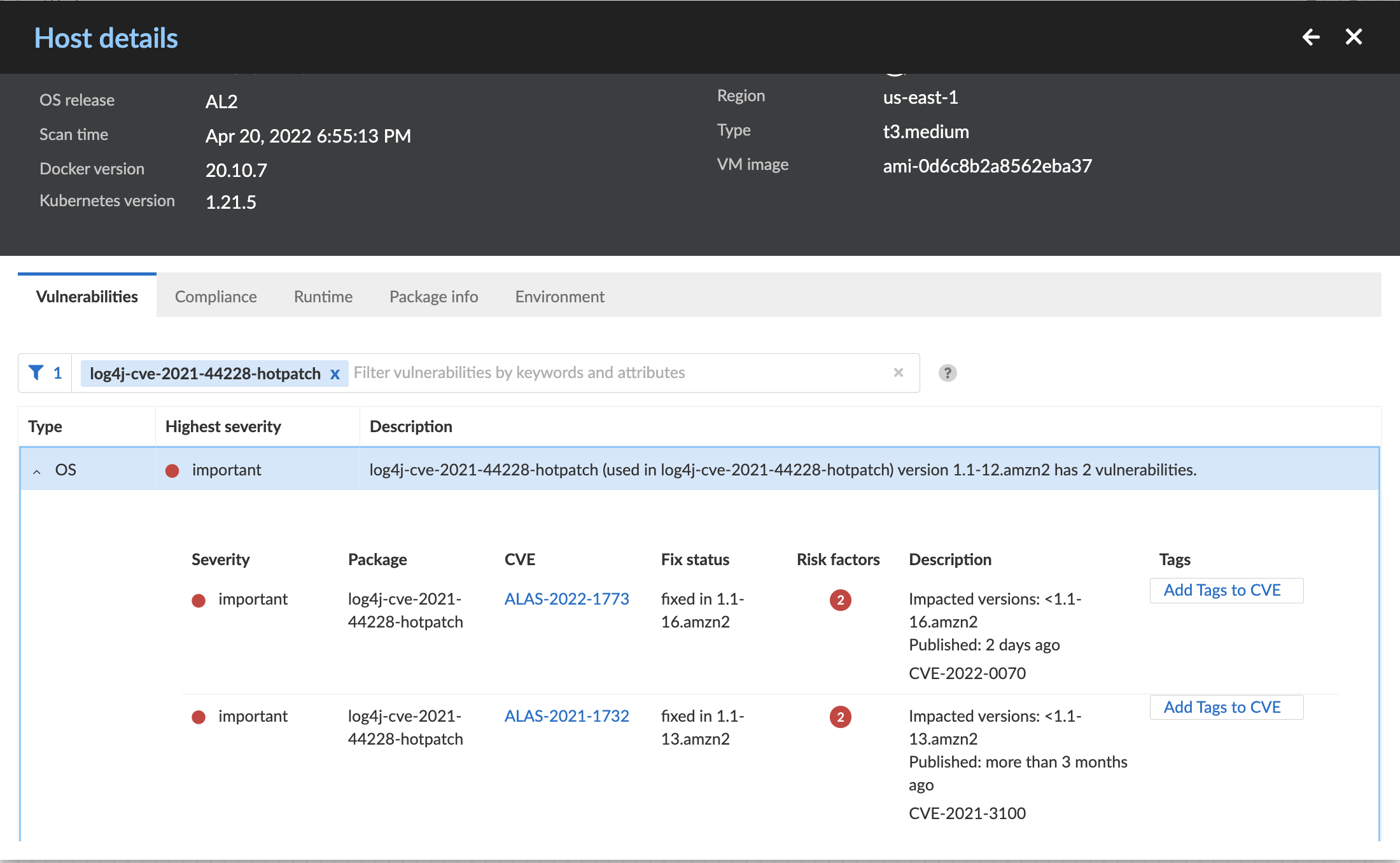 Prisma Cloud detects and alerts on vulnerable log4j-cve-2021-44228-hotpatch versions.