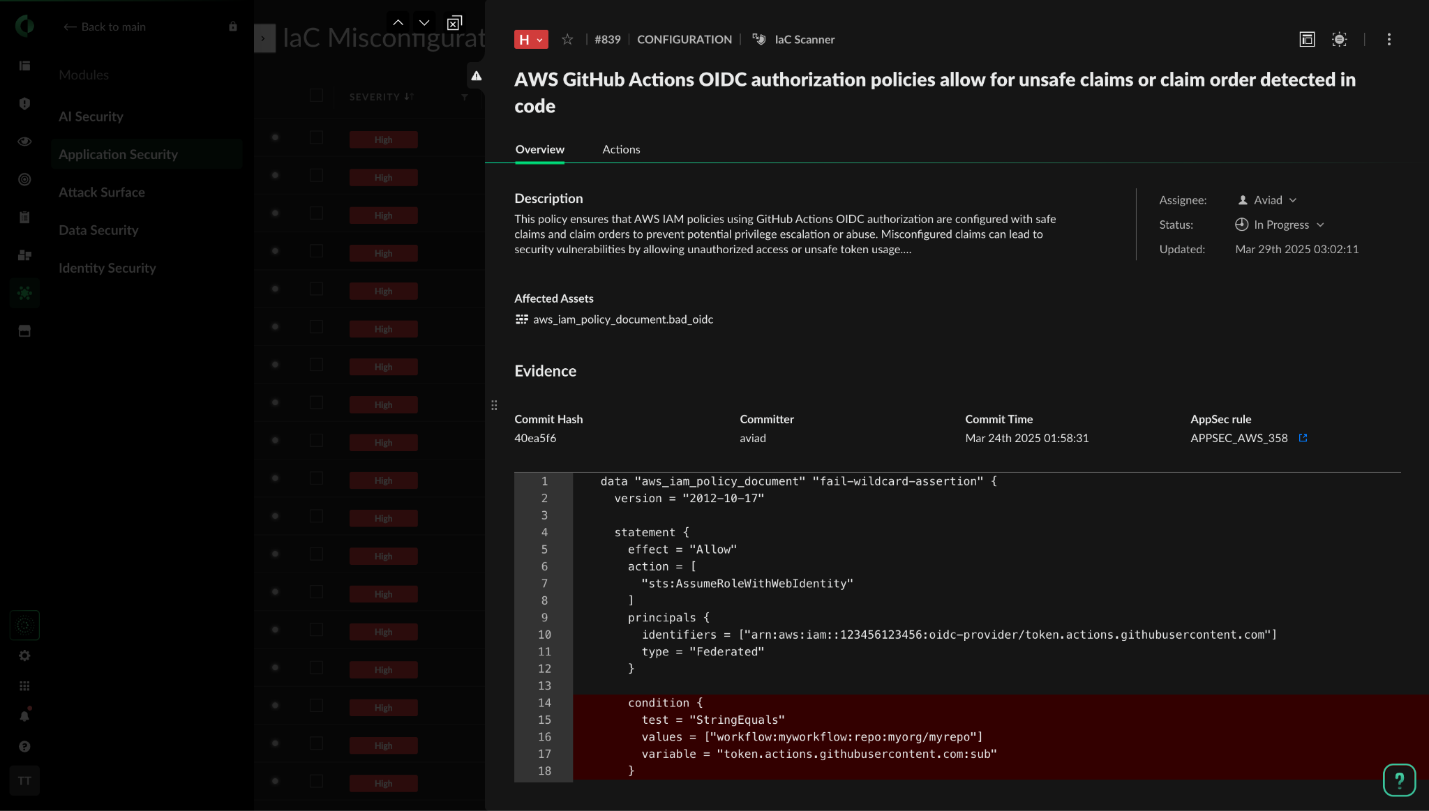 Screenshot of the Prisma Cloud interface showing details of a scan. There are multiple panes that include issues, resources, timestamps and more.