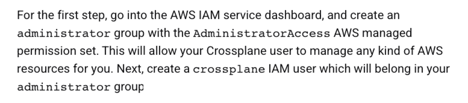 An online tutorial instructing users to configure Crossplane with the AdministratorAccess AWS managed policy